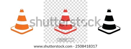 Traffic cone vector icon set. Orange plastic striped traffic cone icon in construction industrial, safety Equipment and Road token icon. Three Signal Cones Isolated Transparent Background. Vector 