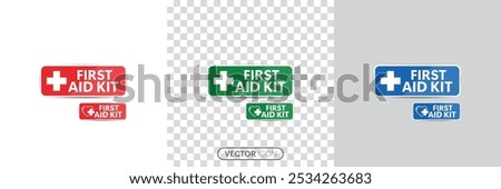 First aid kit icon set. Medical briefcase icon with medical equipment and medications. Horizontal strip shape, sticker. Healthcare concept icon in linear style on a white and transparent background.