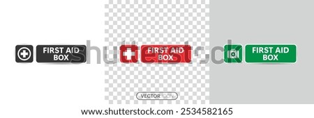 First aid box icon set. Medical briefcase icon with medical equipment and medications. Green FIRST AID sign with text and cross symbol Sign, Urgency and emergency services. Vector illustration