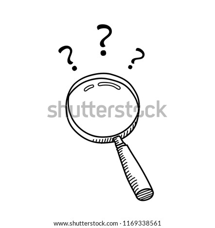 Hand drawn magnifying glass doodle cartoon with question marks