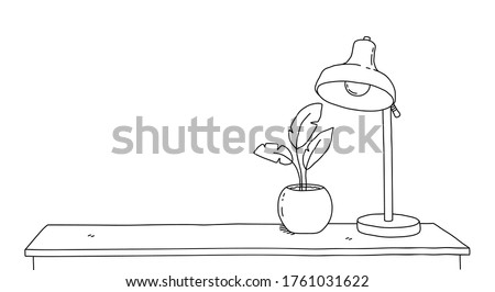 Hand drawn vector doodle of interior plant and a desk lamp on an empty working table