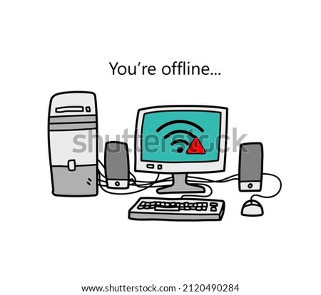 An offline desktop PC with wi-fi symbol and exclamation mark, no internet connection concept, isolated on white background.