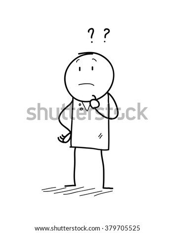 Curiosity Doodle, a hand drawn vector illustration of a curiosity concept, depicting a stick figure character with question marks over his head.