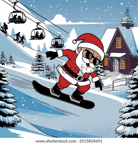 Santa's entertainment at ski resort. Ski resort valley with ski lift. Flat vector illustration. Skiing in snowy mountains, cable car and small hotel or wooden chalet