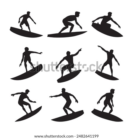 A set of silhouettes of a surfer surfing on his surfboard isolated on white background