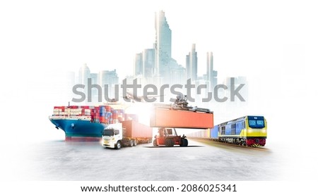 Global business logistics import export and container cargo ship, freight train, cargo plane, container truck at city background with copy space, transportation industry concept worldwide distribution Stock photo © 