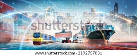 Global Business Network Distribution and Technology Digital Future of Cargo Containers Logistics Transport Concept, Double Exposure of Freight Ship, Modern Futuristic Transportation Import Export Foto stock © 