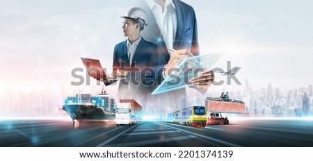 Business and technology digital future of cargo containers logistics transportation import export concept, Engineer using laptop online tracking control delivery distribution on world map background Imagine de stoc © 
