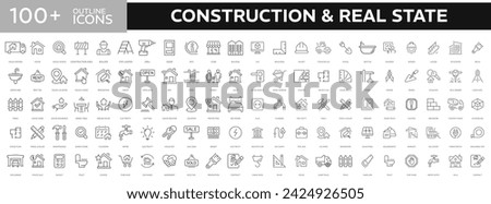 Construction and Real state line icons set. Set of house, moving home, key, insurance, garage, budget, Construction tools, builders and equipment. Builder, crane, engineering, equipment, helmet.
