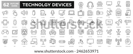 Technology and Device thin line icons set. Web icons. Computer, Smartphone, Tablet, Mail, Search, Tablet, Cloud, Media icon. Device collection. Vector illustration.