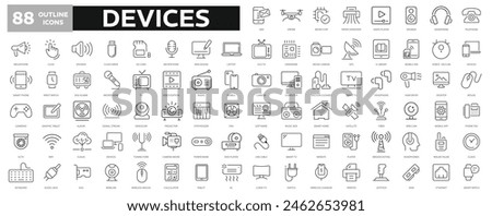 Electronic Devices 88 thin line icon set. Web icons. Computer, Smartphone, Tablet, Mail, Search, Tablet, Cloud, Media icon. Device collection. Vector illustration