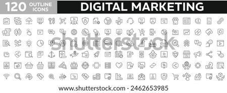 Digital marketing 120 thin line icon set. Website, search, mail, analysis, content, strategy, development, e-commerce, seo, content, product, target audience, social media, and more