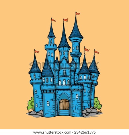 blue castle illustration, hand draw vector isolated on orange background