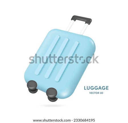 pastel blue suitcase or luggage with black plastic handles and four wheels for dragging minimal style. floating in air, vector 3d isolated on white background for travel summer advertising design 
