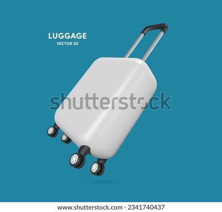 white suitcase or luggage with black plastic handles and four wheels for dragging minimal style floating in air, vector 3d isolated on white background for travel summer advertising design 