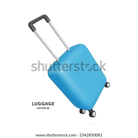 pastel blue suitcase or luggage with black plastic handles and four wheels for dragging minimal style floating in air, vector 3d isolated on white background for travel summer advertising design 