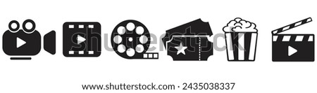 Cinema icons set. Collection icon: Popcorn box, movie, clapper board, film, movie, tv, video and other. Flat style - stock vector. collection of cinema icons