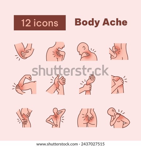 Body Ache, filled outline icons, hand pain, shoulder, neck, hip, wrist, palm, elbow, knee, back, rib, and wrist joint, spine