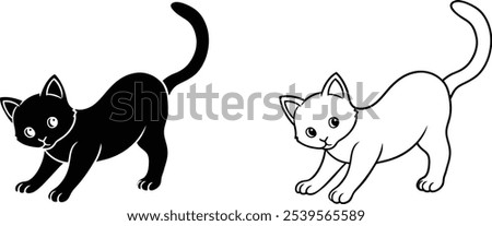 Black and White Cat Stretching Illustration