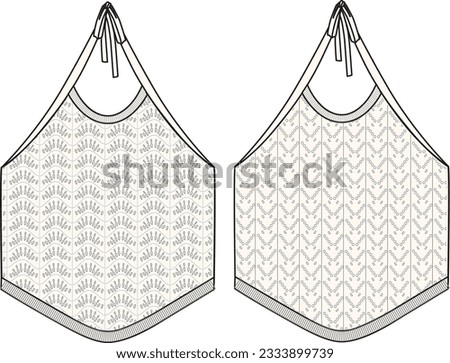 Women's Halter Neck, Dippy Hem Crochet Top- Technical fashion illustration. Front, off-white colour. Women's CAD mock-up.