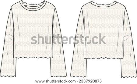 Women's Crochet Jumper- Technical fashion illustration. Front, off white colour. Women's CAD mock-up.