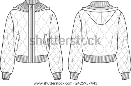 Women's Quilted Hooded Bomber Jacket. Technical fashion illustration. Front and back, white color. Women's CAD mock-up.