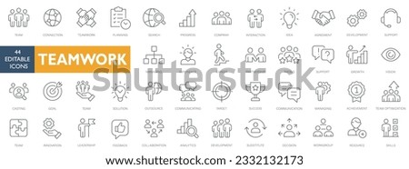 Teamwork line icons set. Businessman outline icons collection. Work group and human resources. Business teamwork, human resources, meeting, partnership, meeting, work group, success 44 editable