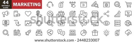 Digital marketing icons set. Content, search, marketing, ecommerce, seo, electronic devices, internet, analysis, social and more line icons on white background 