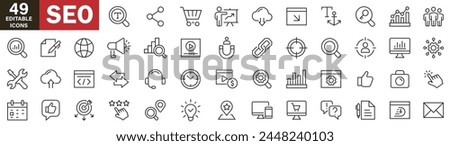 Simple Outline Set of SEO Icons. Thin Line Collection contains such Icons as synchronizing, target audience, target keywords, seo monitoring, performance, report and more on white background icons