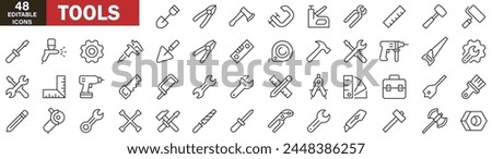 Tool and Instrument thin line icons set. Building Tools editable stroke icon. Working tools symbols. Instrument simple icons. Vector illustration icons on white background editable stroke line icons, 