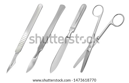 A set of surgical cutting tools. Reusable all-metal scalpel, delicate pointed scalpel with removable blade, amputation knife Liston, scissors hinge straight with blunt ends. 
Vector illustration