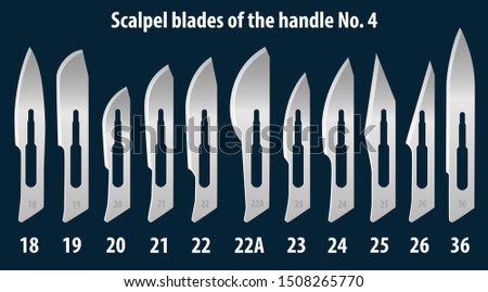 Set of scalpel handle blades No. 4. Manual surgical medical instrument. Vector illustration.