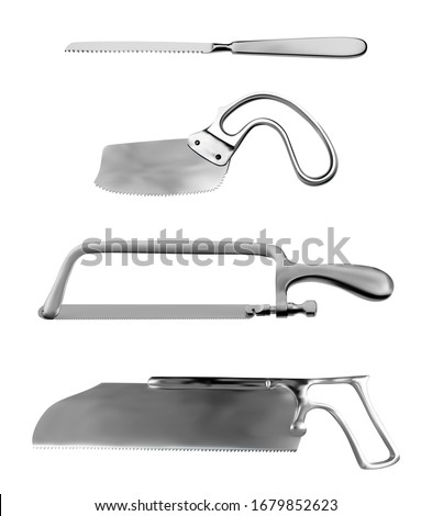 Set of surgical saws. Charriere Bone Saw, Plaster saw Bergman, Satterlee Bone Saw, Metacarpal saw Langenbeck. Manual surgical instrument. Isolated objects on a white background. Vector illustration.