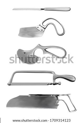 Surgical saws set. Charriere Bone Saw, Bergman and Engel plaster saws, Satterlee Bone Saw, Metacarpal saw Langenbeck. Manual surgical instrument. Isolated subjects. Vector illustration