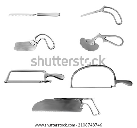 Surgical saws set. Charriere and Satterlee Bone saws, knife saws, Bergman and Engel plaster saws, Metacarpal saw Langenbeck. Frame arcuate bone saw. Manual surgical instrument. Vector illustration 