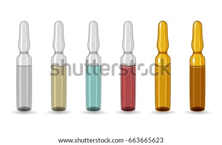 Ampoule. Set of ampoules of different colors. Hermetically sealed glass vessel, intended for storage of medicinal preparations. Medicine and healthcare. Vector illustration.