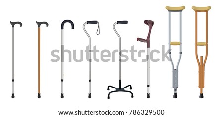 Set of walking sticks and crutches. Telescopic metal canes, wooden cane, cane with additional support,  elbow crutch, telescopic crutch, wooden crutch. Medical devices. Vector illustration