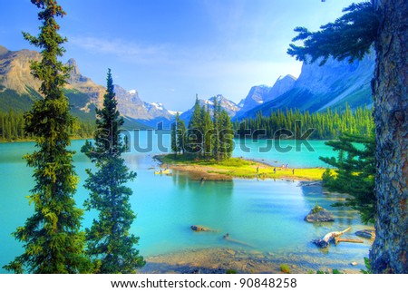 Similar – Image, Stock Photo Spirit Island in Maligne Lake, Jasper National Park, Alberta, Canada, in cloudy weather.