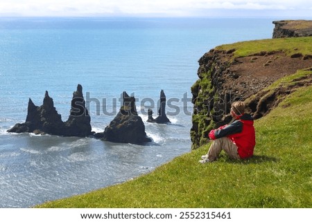 Image, Stock Photo Rock needle on the chalk cliffs of Etretat on a sunny day with turquoise sea water, Etretat, Normandy, France