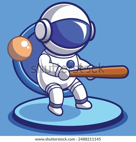 Cute Astronaut Hit Planet Ball With Baseball Stick Cartoon Vector Kawaii Icon Illustration. Science Sport Icon Concept Isolated Premium Vector. Flat Cartoon Style