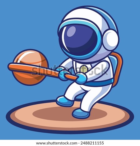 Cute Astronaut Hit Planet Ball With Baseball Stick Cartoon Vector Kawaii Icon Illustration. Science Sport Icon Concept Isolated Premium Vector. Flat Cartoon Style