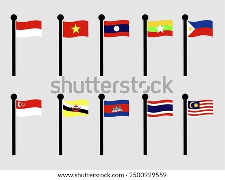 National flag of ASEAN member country Brunei Darussalam. Cambodia. Indonesia. Laos. Malaysia. Myanmar. Philippines. Singapore. Thailand. Vietnamese.