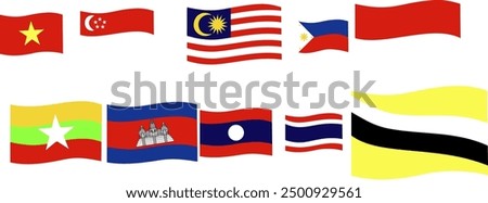 National flag of ASEAN member country Brunei Darussalam. Cambodia. Indonesia. Laos. Malaysia. Myanmar. Philippines. Singapore. Thailand. Vietnamese.