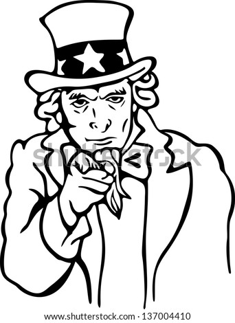 Simple Black And White Line Drawing Of Uncle Sam Pointing. Stock Photo ...