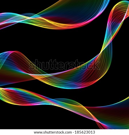 A digitally created rainbow ribbon abstract shape flowing on a black background.