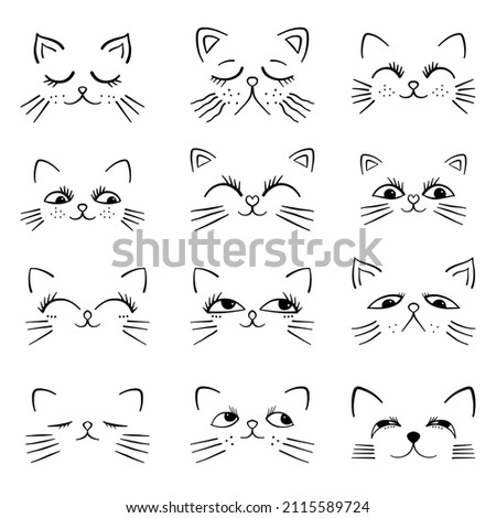 A set of twelve cute minimal cat faces designed in black outline.
