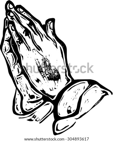 A black and white woodcut style drawing of praying hands. Hand drawn to resemble a woodcut illustration.