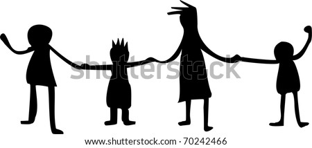 Simple solid black illustration of a group of diverse children holding hands.