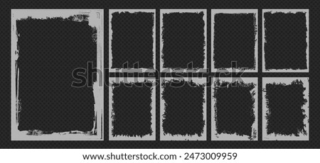 Set of grunge overlay texture frame, torn paper effect or dirty paint brush stroke background. Vector grunge border, distressed banner and watercolor layout. Vintage silhouette art or scratch pattern.