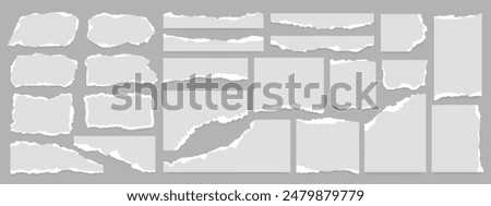 White realistic torn or ripped paper strip collection with grunge edges. Torn notebook page or scrap note with damaged border. Sticky newspaper clip art with paint brush stroke texture. Ripped banner.